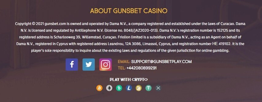 Gunsbet Casino contact details