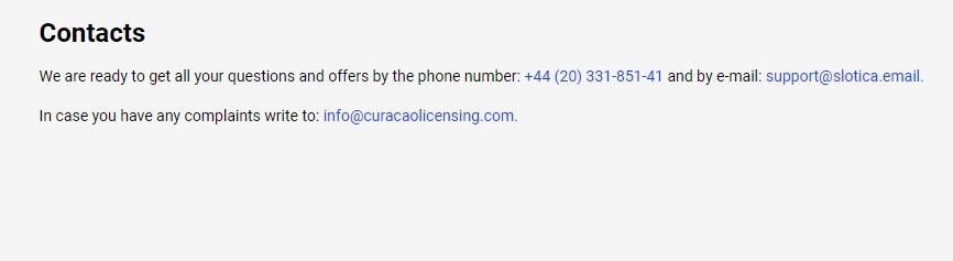 Slottica Customer Support and contact details screenshot