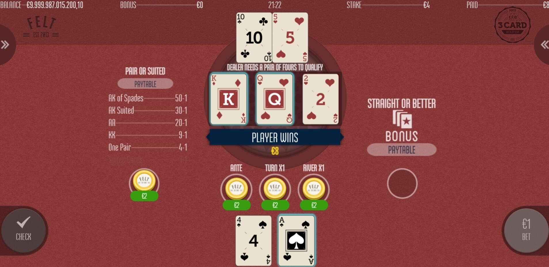 3 Card Hold'em Player Wins All
