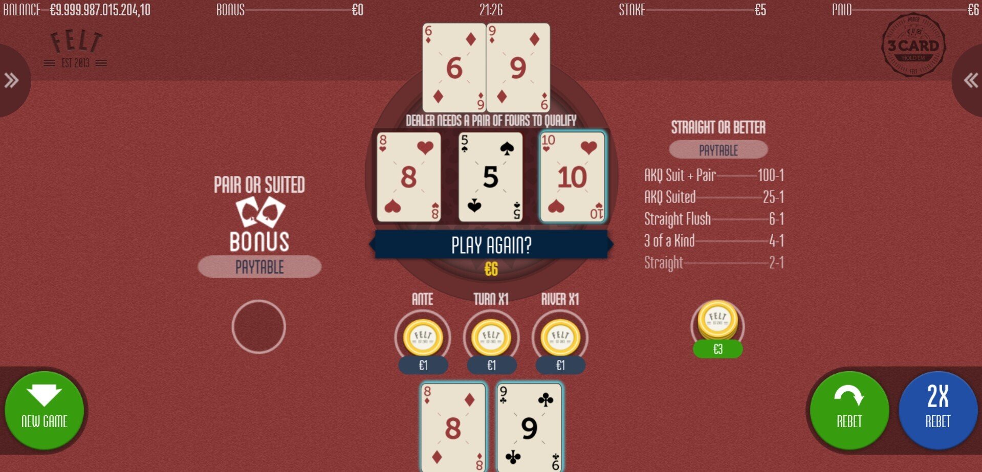 3 Card Hold'em Straight or Better Wins