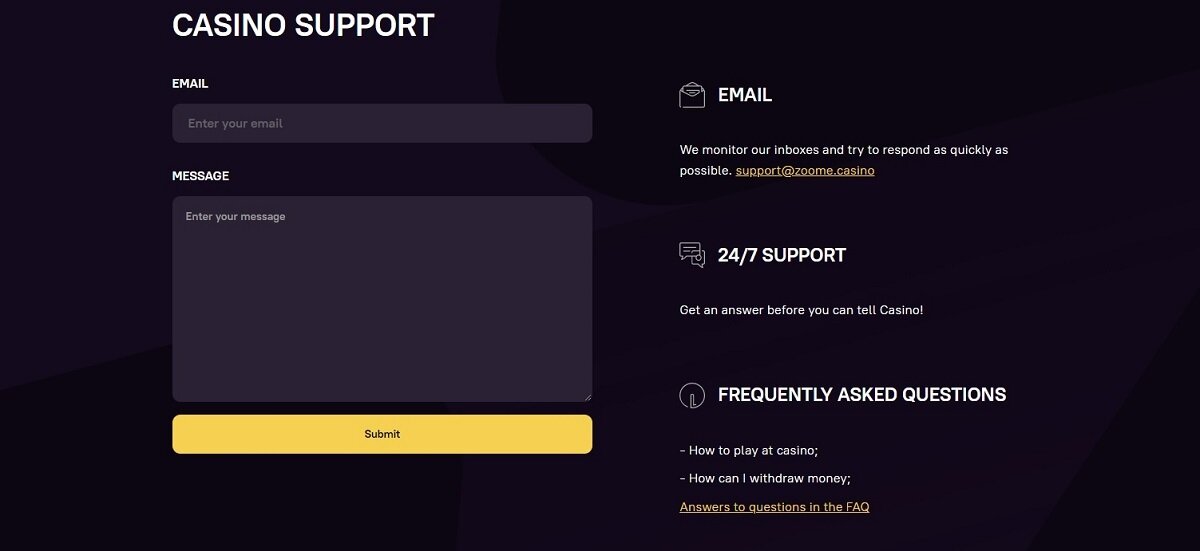 Zoome Casino customer support and contact details